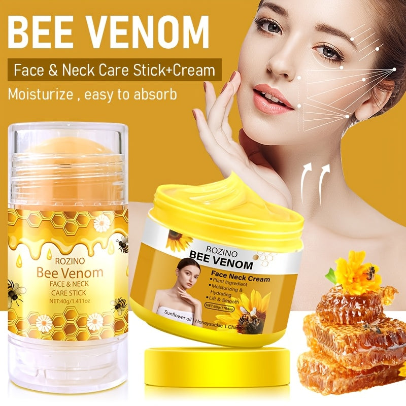 5pcs Bee Venom Care Combination, used for various purposes such as lip, face, neck, hands, feet, and body care. It is moisturizing, comprehensive, lightweight, non greasy, quickly absorbed, gentle and non irritating, portable