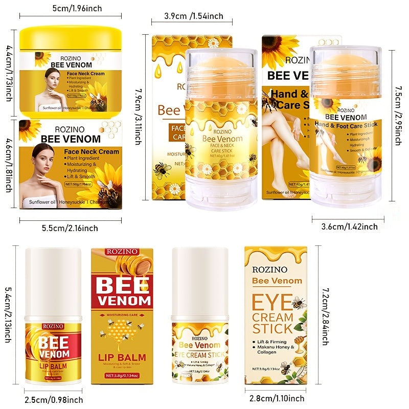 5pcs Bee Venom Care Combination, used for various purposes such as lip, face, neck, hands, feet, and body care. It is moisturizing, comprehensive, lightweight, non greasy, quickly absorbed, gentle and non irritating, portable