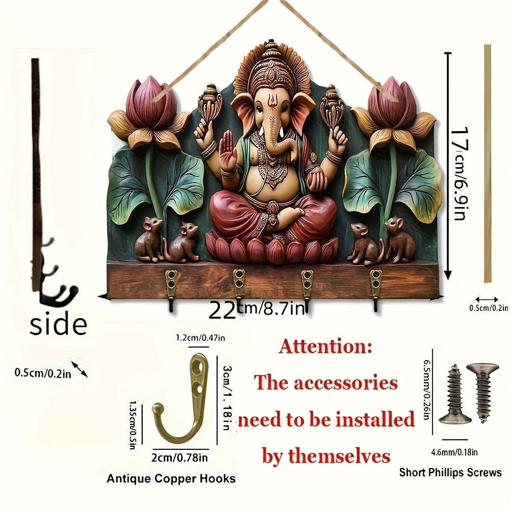 2D Flat Wooden Multi-Functional Key Hanger with Four Metal Hooks, Suitable for All 4 Seasons, Wall Decoration, Porch Decoration, Room Decoration, Villa Decoration, Four Seasons Home Decor, Christmas Decoration