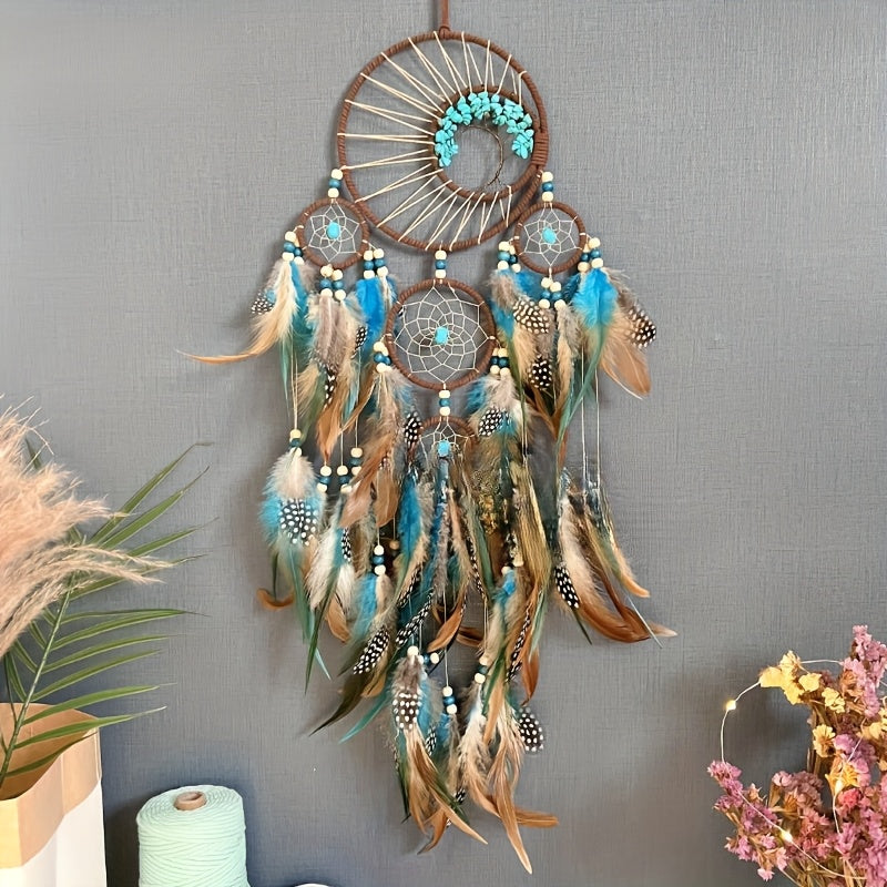 Handmade Feather Dream Catcher with Vibrant Blue, Green, and Brown Feathers – Tree of Life Wall Hanging Decor, Bohemian Style, Perfect for Christmas or Fairy Tale Themed Rooms, Feather Decor