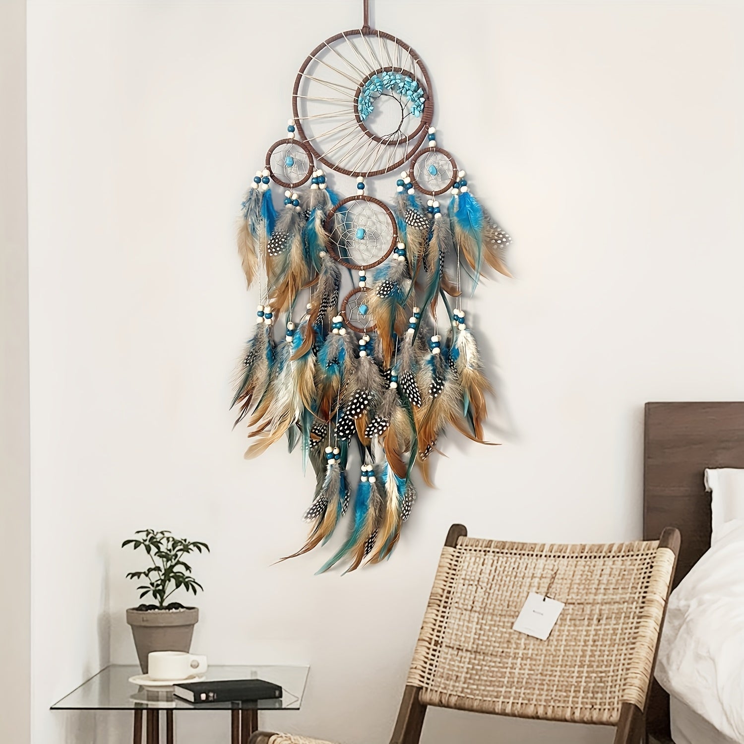 Handmade Feather Dream Catcher with Vibrant Blue, Green, and Brown Feathers – Tree of Life Wall Hanging Decor, Bohemian Style, Perfect for Christmas or Fairy Tale Themed Rooms, Feather Decor