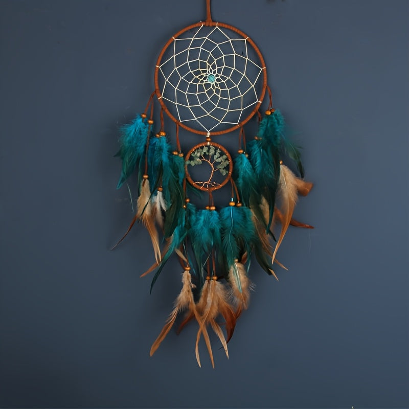 Handmade Feather Dream Catcher with Vibrant Blue, Green, and Brown Feathers – Tree of Life Wall Hanging Decor, Bohemian Style, Perfect for Christmas or Fairy Tale Themed Rooms, Feather Decor