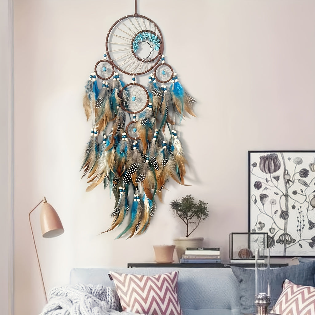 Handmade Feather Dream Catcher with Vibrant Blue, Green, and Brown Feathers – Tree of Life Wall Hanging Decor, Bohemian Style, Perfect for Christmas or Fairy Tale Themed Rooms, Feather Decor