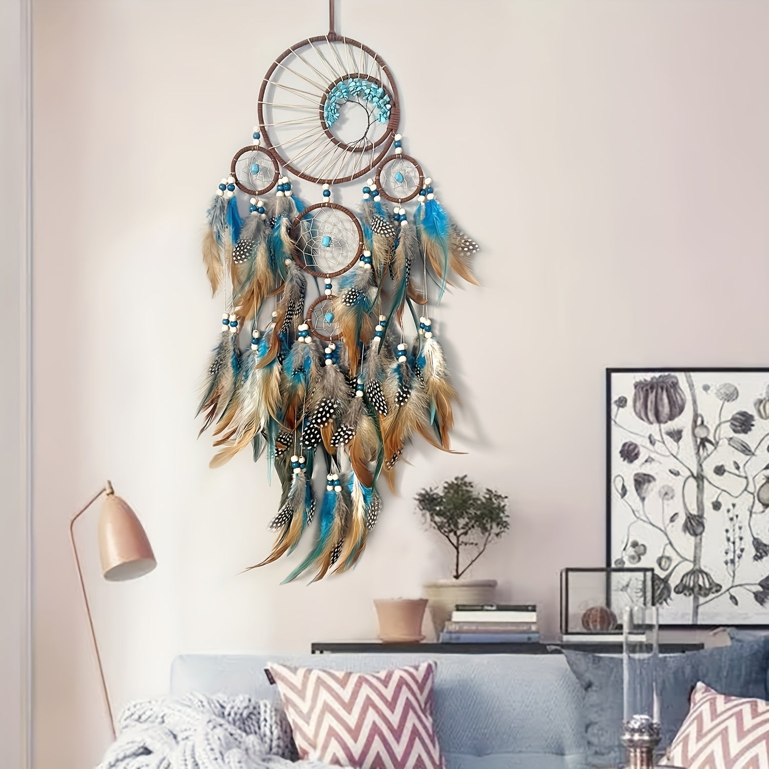 Handmade Feather Dream Catcher with Vibrant Blue, Green, and Brown Feathers – Tree of Life Wall Hanging Decor, Bohemian Style, Perfect for Christmas or Fairy Tale Themed Rooms, Feather Decor