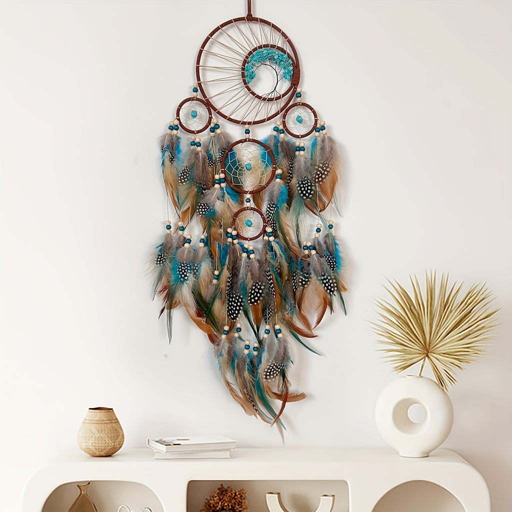 Handmade Feather Dream Catcher with Vibrant Blue, Green, and Brown Feathers – Tree of Life Wall Hanging Decor, Bohemian Style, Perfect for Christmas or Fairy Tale Themed Rooms, Feather Decor