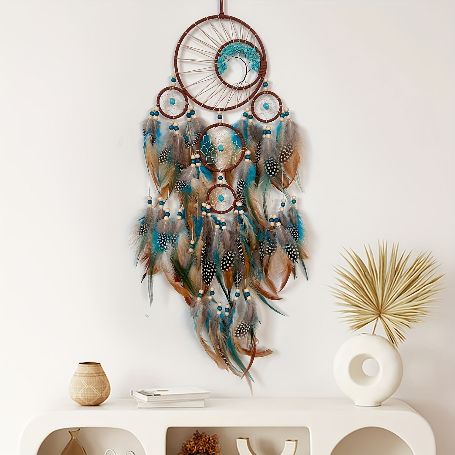 Handmade Feather Dream Catcher with Vibrant Blue, Green, and Brown Feathers – Tree of Life Wall Hanging Decor, Bohemian Style, Perfect for Christmas or Fairy Tale Themed Rooms, Feather Decor