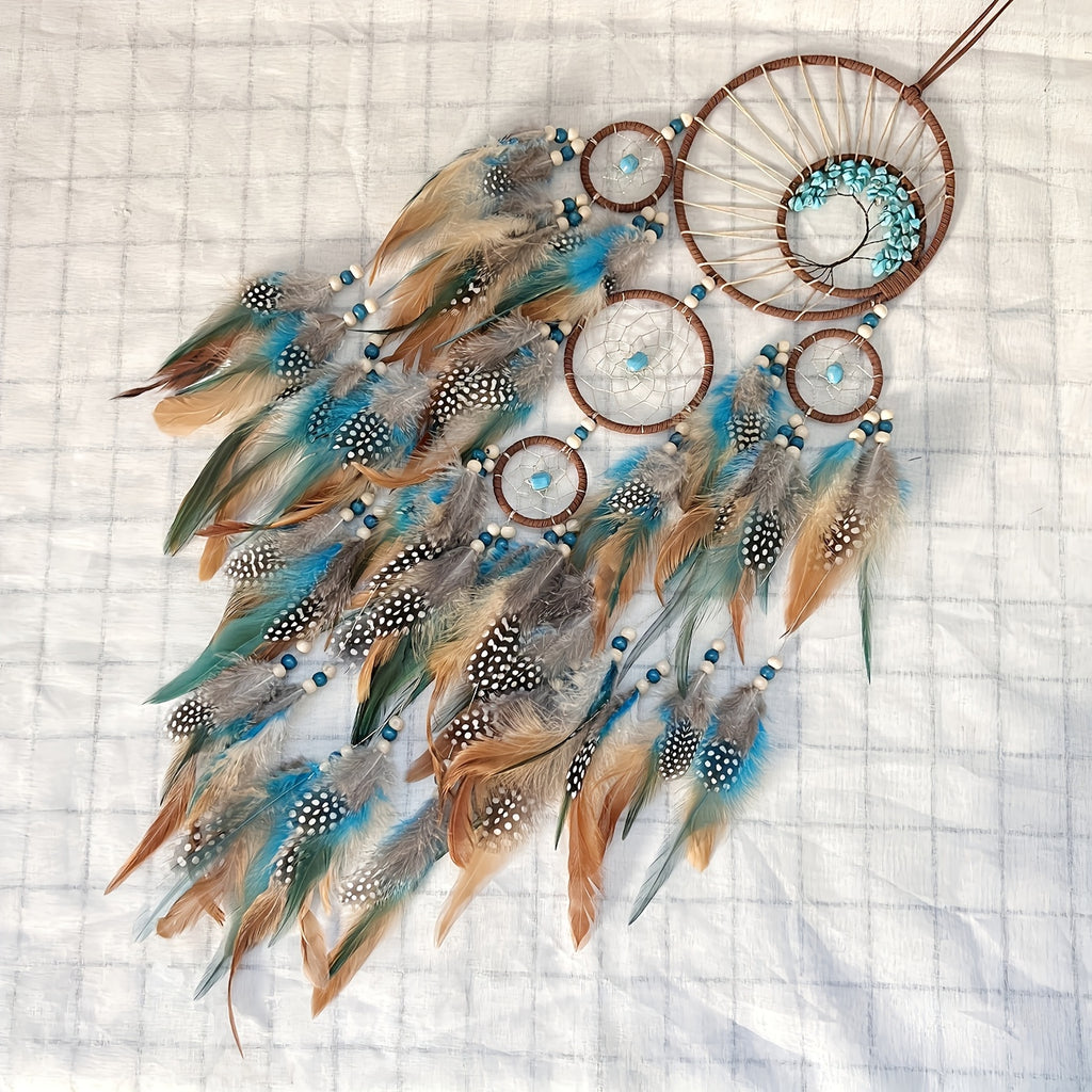 Handmade Feather Dream Catcher with Vibrant Blue, Green, and Brown Feathers – Tree of Life Wall Hanging Decor, Bohemian Style, Perfect for Christmas or Fairy Tale Themed Rooms, Feather Decor