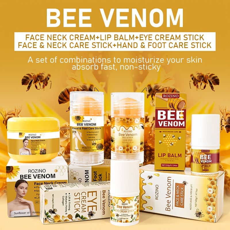 5pcs Bee Venom Care Combination, used for various purposes such as lip, face, neck, hands, feet, and body care. It is moisturizing, comprehensive, lightweight, non greasy, quickly absorbed, gentle and non irritating, portable