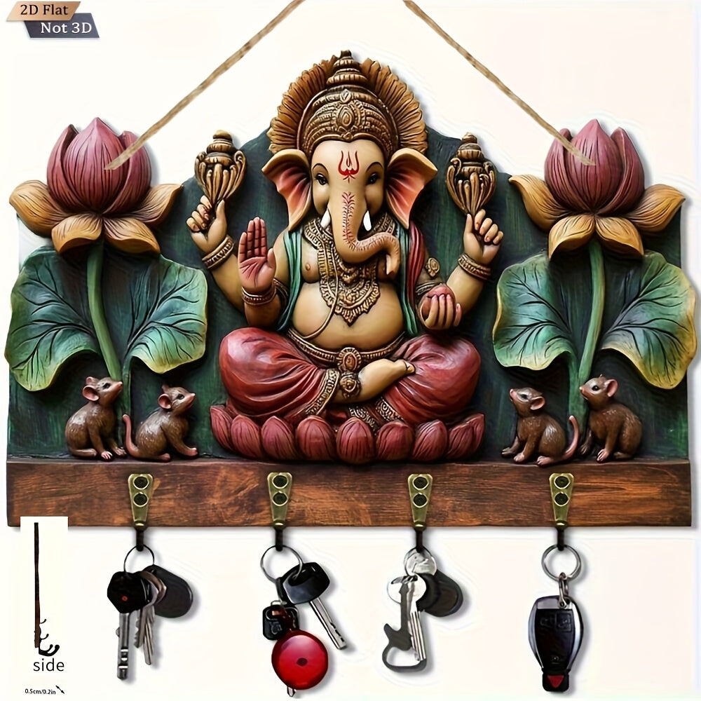 2D Flat Wooden Multi-Functional Key Hanger with Four Metal Hooks, Suitable for All 4 Seasons, Wall Decoration, Porch Decoration, Room Decoration, Villa Decoration, Four Seasons Home Decor, Christmas Decoration