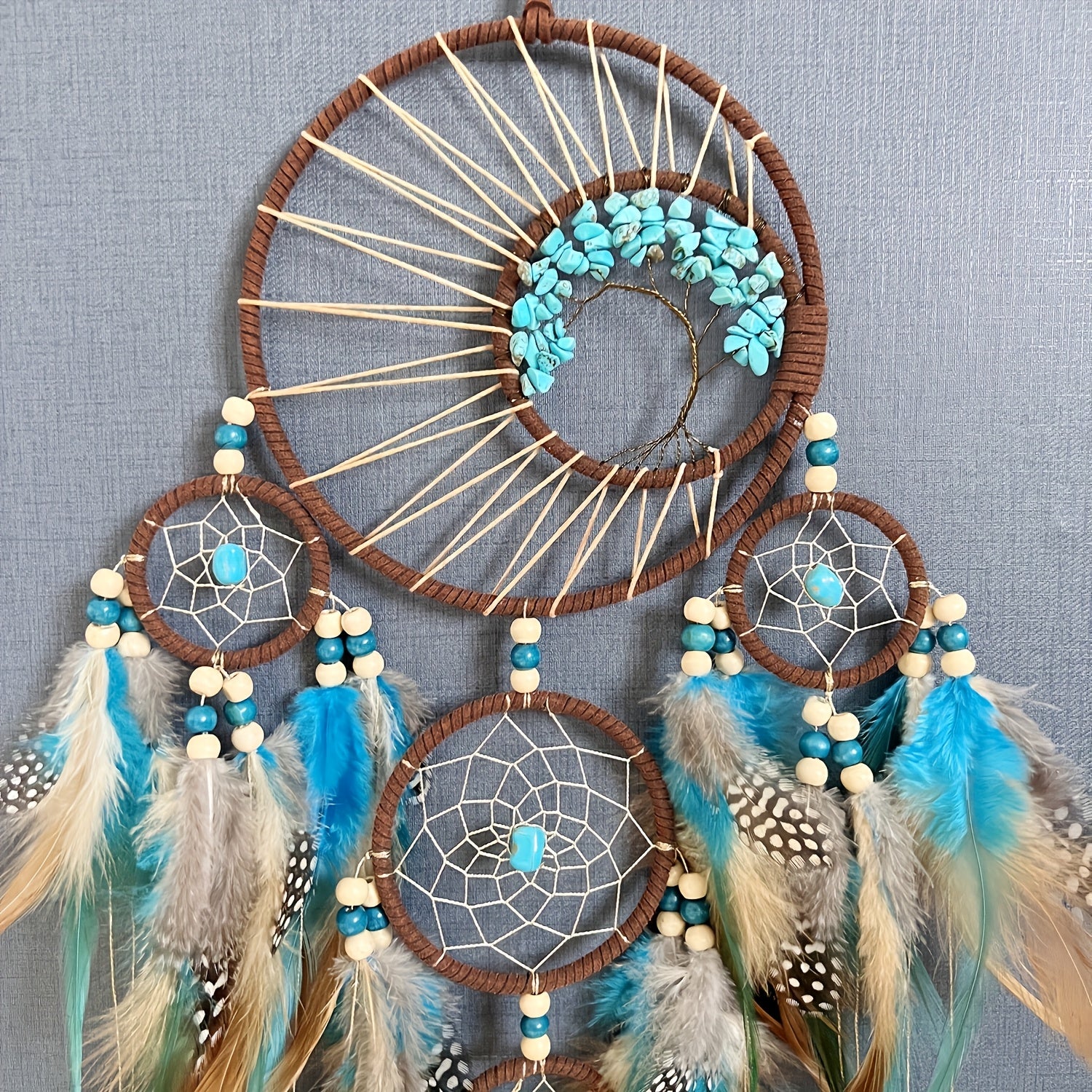 Handmade Feather Dream Catcher with Vibrant Blue, Green, and Brown Feathers – Tree of Life Wall Hanging Decor, Bohemian Style, Perfect for Christmas or Fairy Tale Themed Rooms, Feather Decor