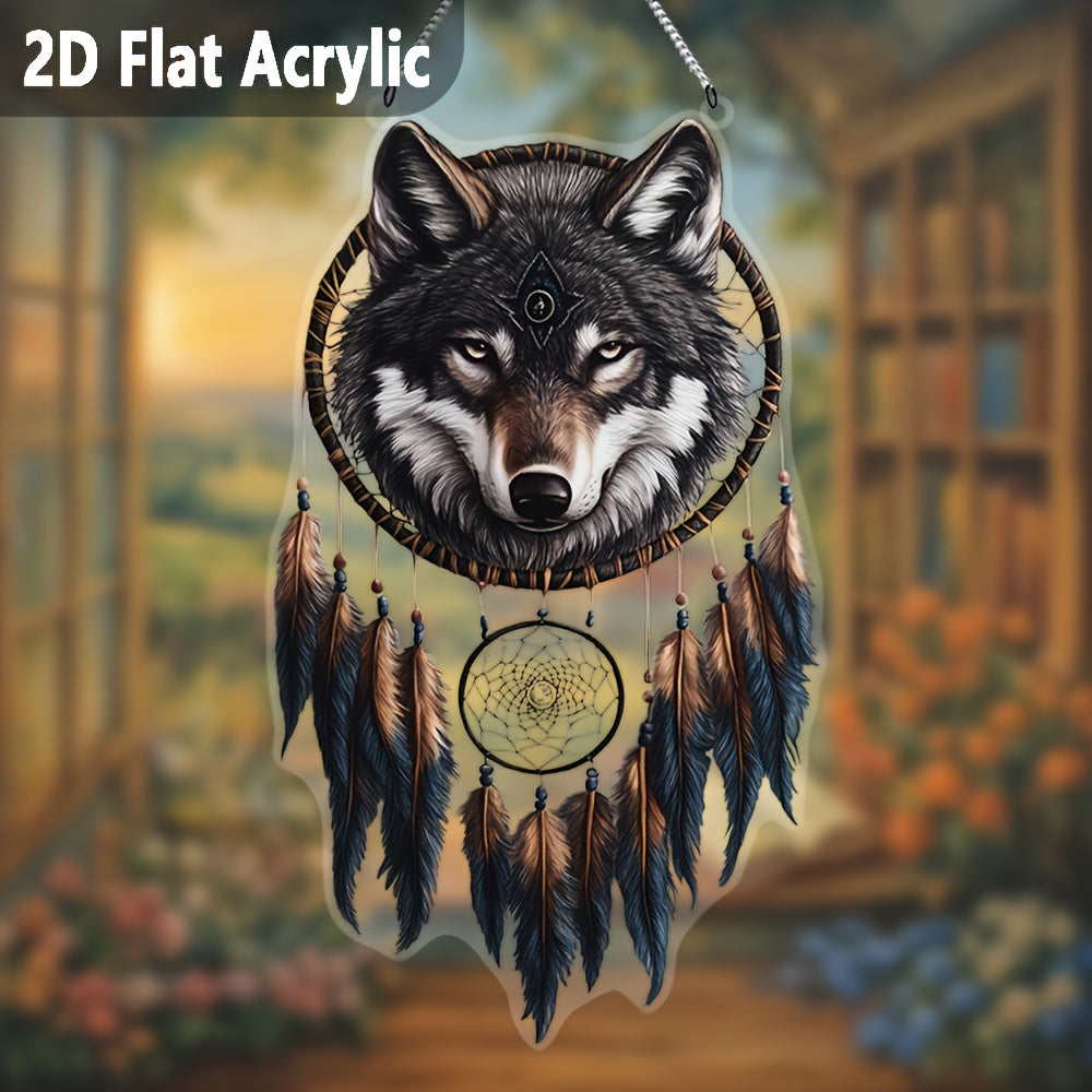 2D Flat, 2D Bohemian Gray Wolf Dreamcatcher Sun Catcher - Feathered 2D Acrylic Window Hanging, Suitable for Porch, Living Room & Holiday Gifts, No Power Needed, Boho Home Decor, Tranquil Animal-Themed Accent, Fine Craftsmansh
