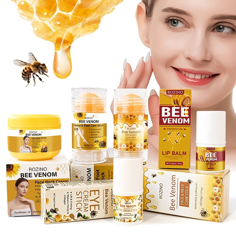 5pcs Bee Venom Care Combination, used for various purposes such as lip, face, neck, hands, feet, and body care. It is moisturizing, comprehensive, lightweight, non greasy, quickly absorbed, gentle and non irritating, portable