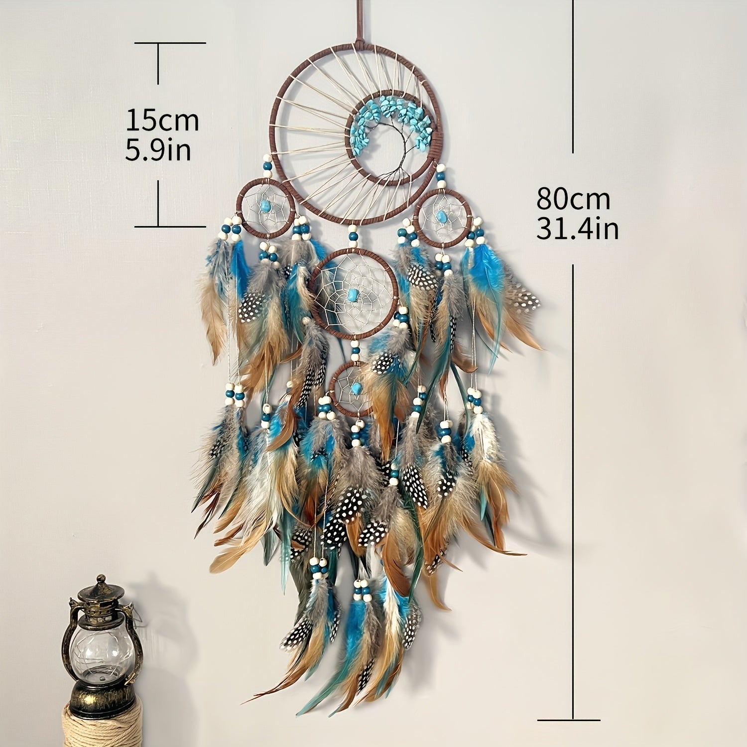 Handmade Feather Dream Catcher with Vibrant Blue, Green, and Brown Feathers – Tree of Life Wall Hanging Decor, Bohemian Style, Perfect for Christmas or Fairy Tale Themed Rooms, Feather Decor
