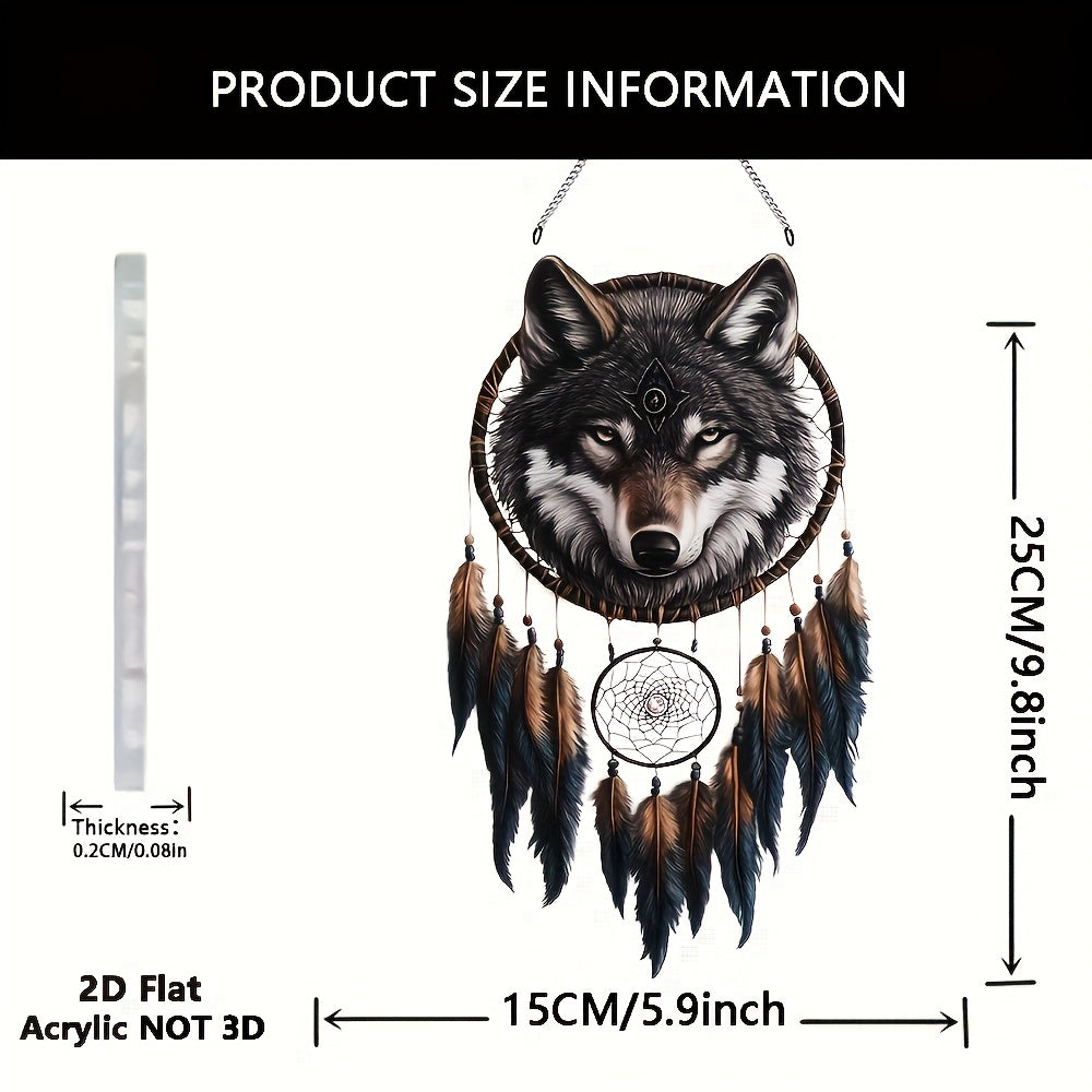 2D Flat, 2D Bohemian Gray Wolf Dreamcatcher Sun Catcher - Feathered 2D Acrylic Window Hanging, Suitable for Porch, Living Room & Holiday Gifts, No Power Needed, Boho Home Decor, Tranquil Animal-Themed Accent, Fine Craftsmansh