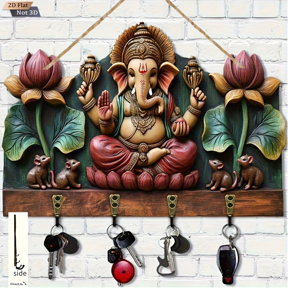 2D Flat Wooden Multi-Functional Key Hanger with Four Metal Hooks, Suitable for All 4 Seasons, Wall Decoration, Porch Decoration, Room Decoration, Villa Decoration, Four Seasons Home Decor, Christmas Decoration
