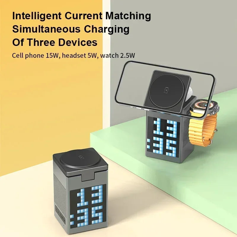 6 in 1 Magnetic Wireless Charger Stand Bluetooth Speaker Alarm Clock For Magsafe iPhone 16 15 14 Pro Max Airpods Pro Apple Watch