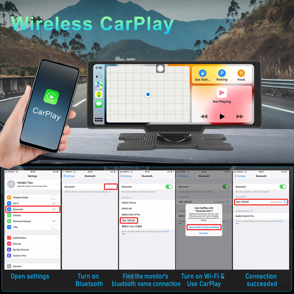 Wireless Carplay Portable Digital Dashboard Android Auto 10.26 Inch Smart Player With Voice Control 1080P BT TF