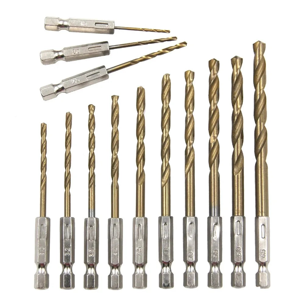 13pc Hex Handle Titanium Coated Drill Bit Set 1.5-6.5mm for Electric Pneumatic Screwdriver Drilling Tools