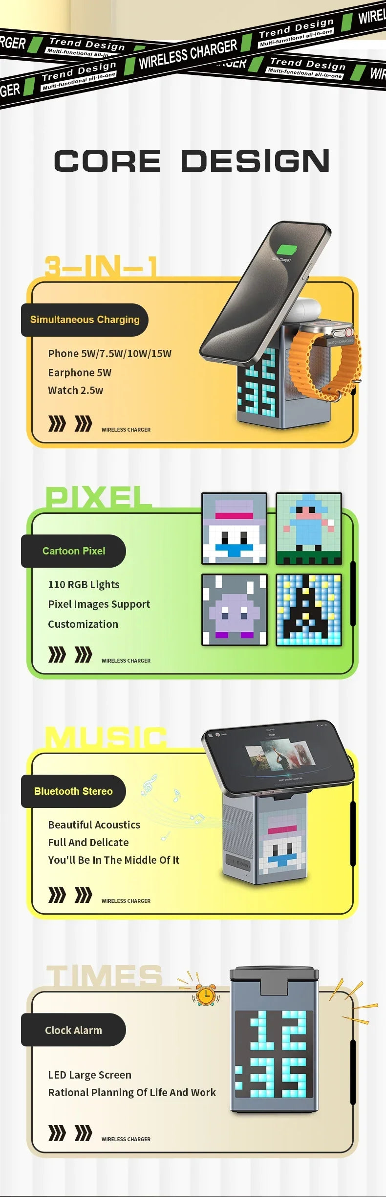 6 in 1 Magnetic Wireless Charger Stand Bluetooth Speaker Alarm Clock For Magsafe iPhone 16 15 14 Pro Max Airpods Pro Apple Watch