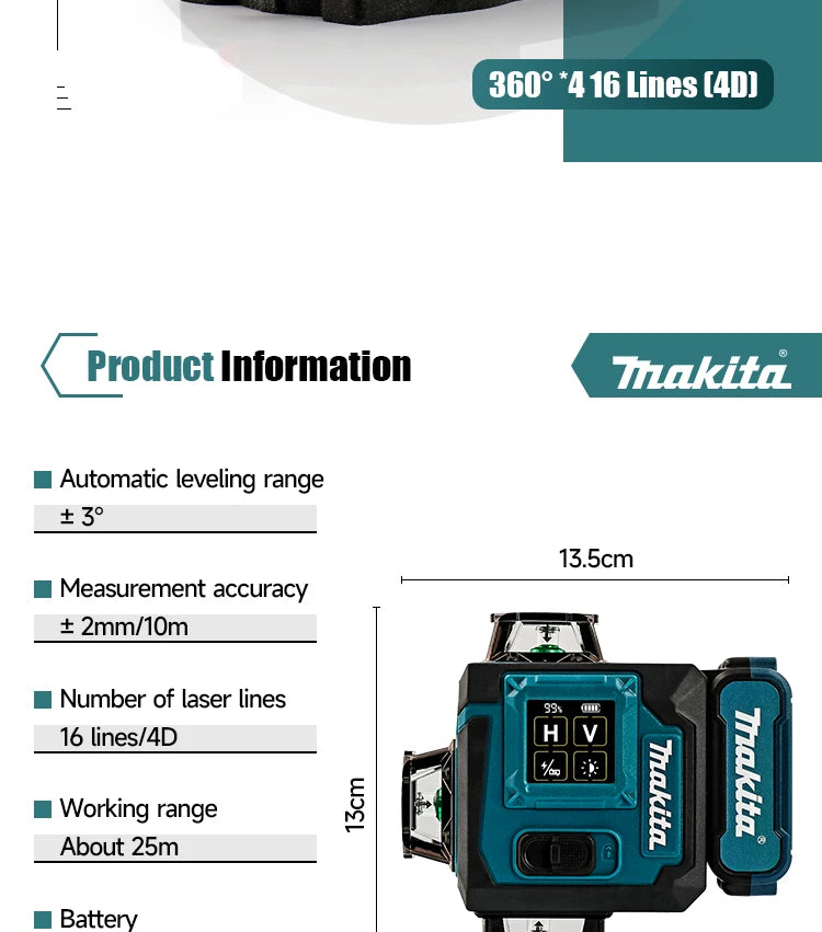 Makita 2025 Digital 360-Degree X4 16-Line Outdoor Laser Level Self-Levelling Vertical Cross-Line Tool for Precision Measurement