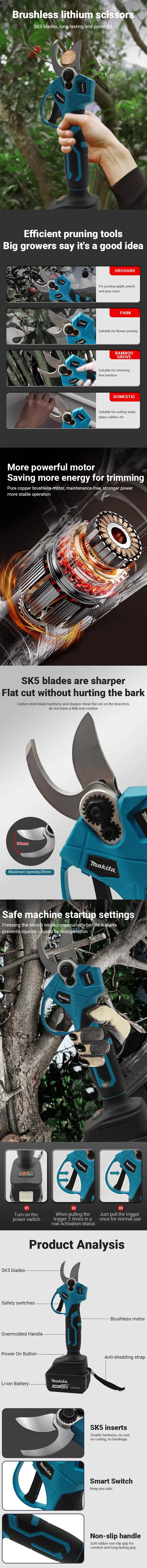 Makita 40mm Brushless Electric Pruning Shears 2 Gears Cordless Rechargeable Fruit Tree Bonsai Pruning For Makita 18V Battery