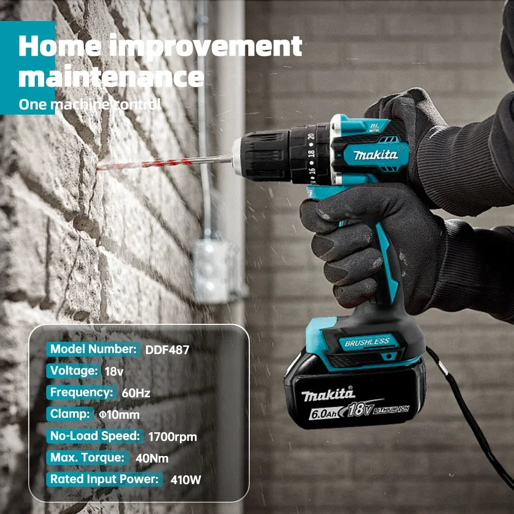 100% Makita Original DDF487 Cordless Driver Drill 18V Brushless Electric Impact Screwdriver Rechargeable Power Tool