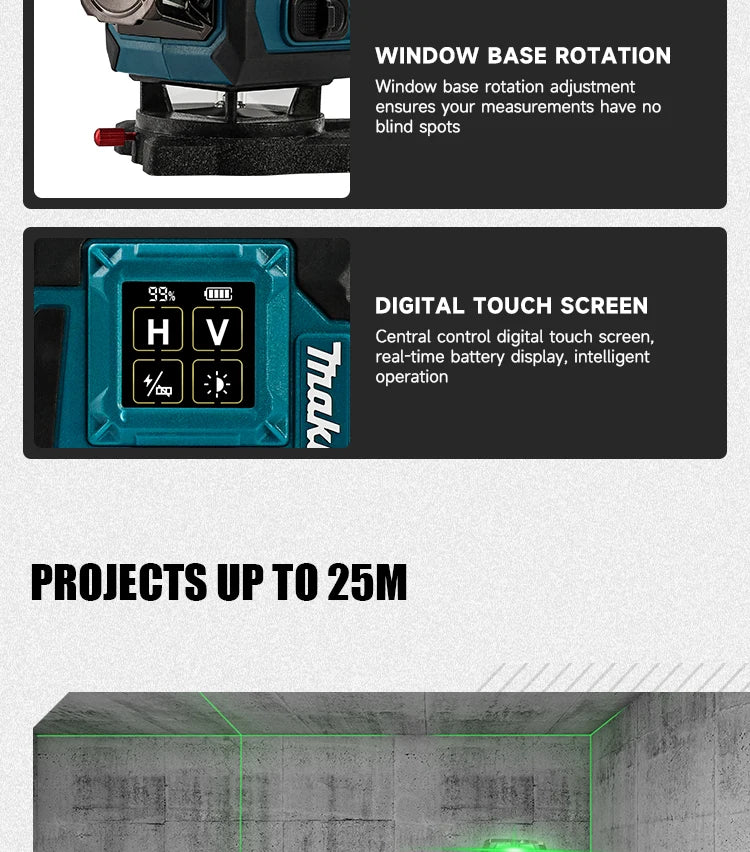 Makita 2025 Digital 360-Degree X4 16-Line Outdoor Laser Level Self-Levelling Vertical Cross-Line Tool for Precision Measurement