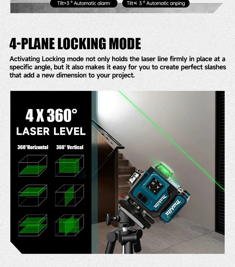 Makita 2025 Digital 360-Degree X4 16-Line Outdoor Laser Level Self-Levelling Vertical Cross-Line Tool for Precision Measurement