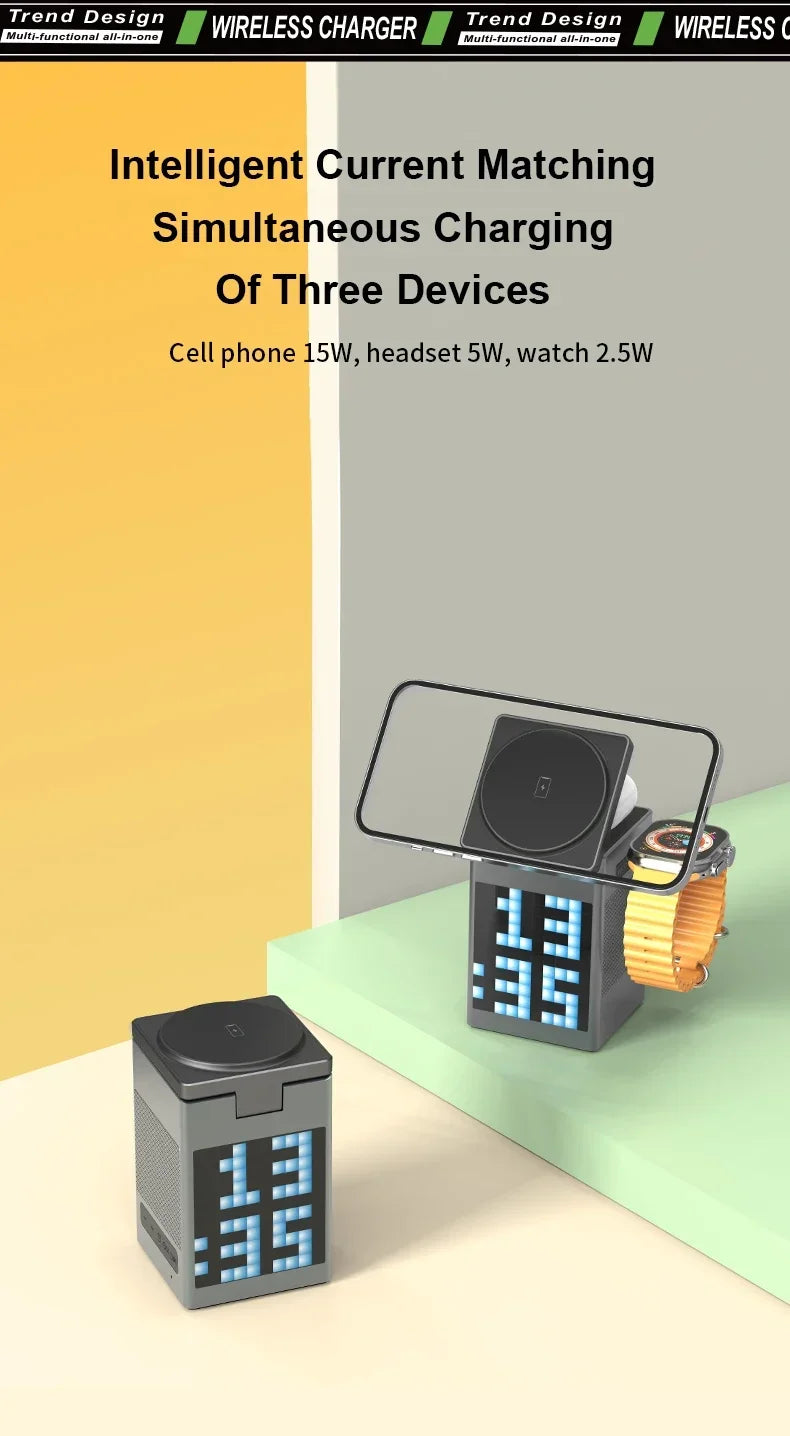 6 in 1 Magnetic Wireless Charger Stand Bluetooth Speaker Alarm Clock For Magsafe iPhone 16 15 14 Pro Max Airpods Pro Apple Watch