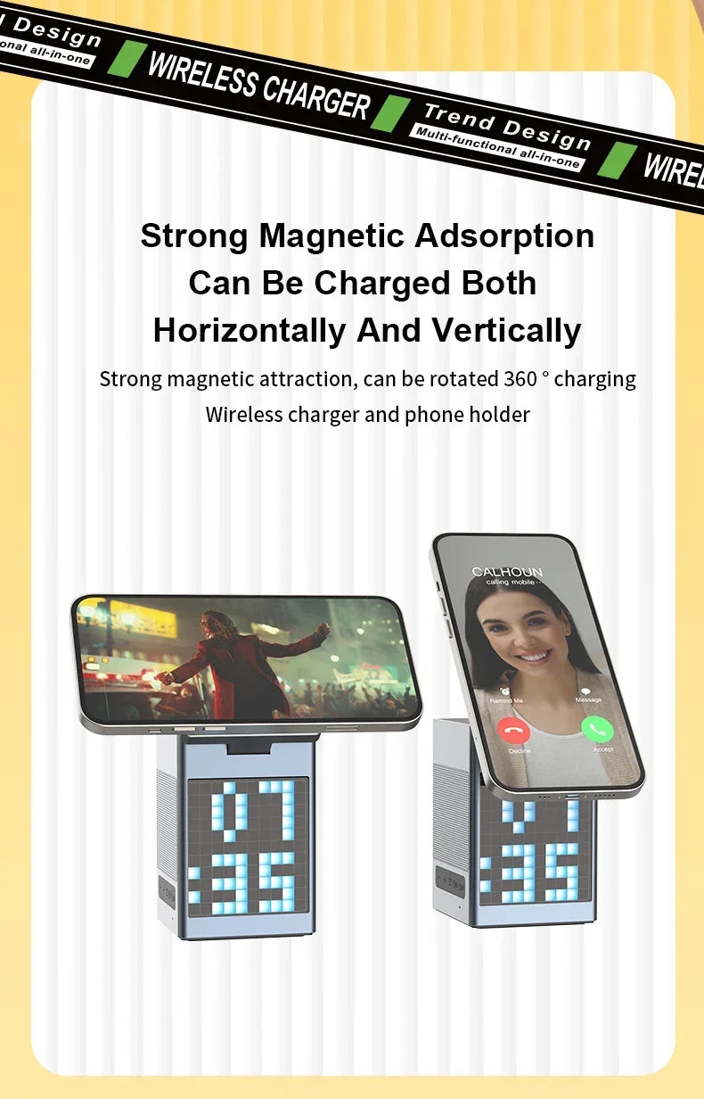 6 in 1 Magnetic Wireless Charger Stand Bluetooth Speaker Alarm Clock For Magsafe iPhone 16 15 14 Pro Max Airpods Pro Apple Watch