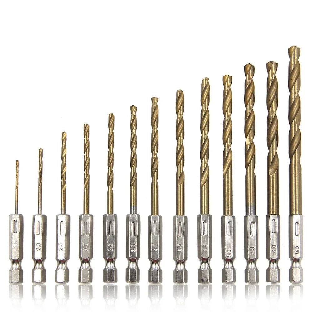 13pc Hex Handle Titanium Coated Drill Bit Set 1.5-6.5mm for Electric Pneumatic Screwdriver Drilling Tools