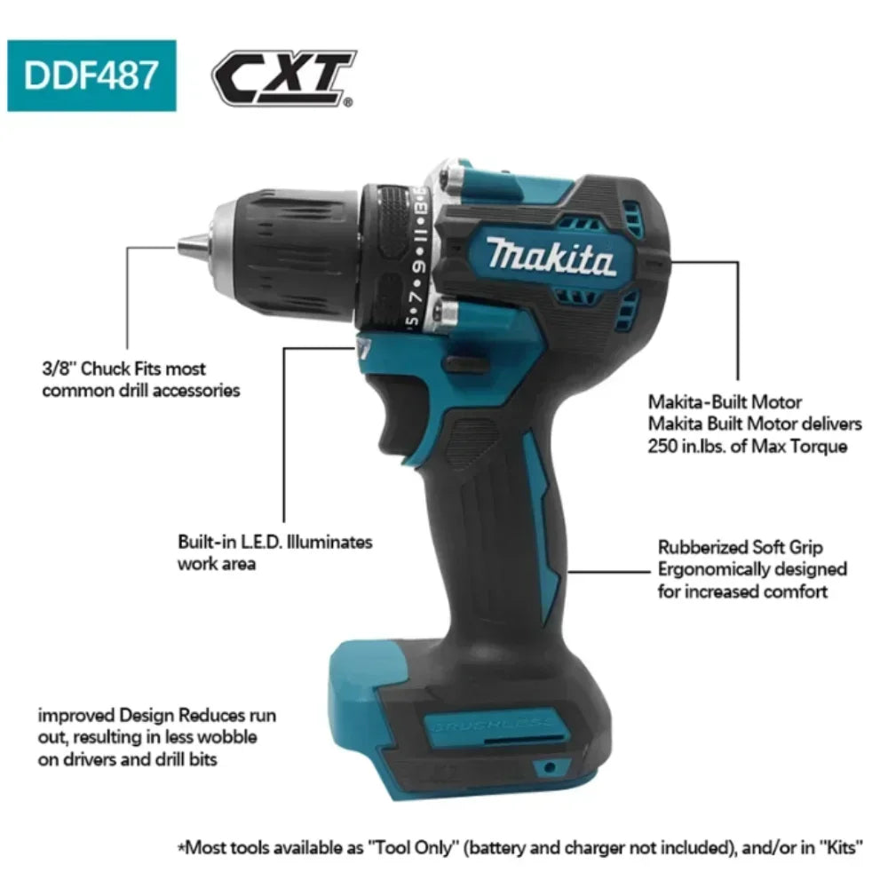 100% Makita Original DDF487 Cordless Driver Drill 18V Brushless Electric Impact Screwdriver Rechargeable Power Tool