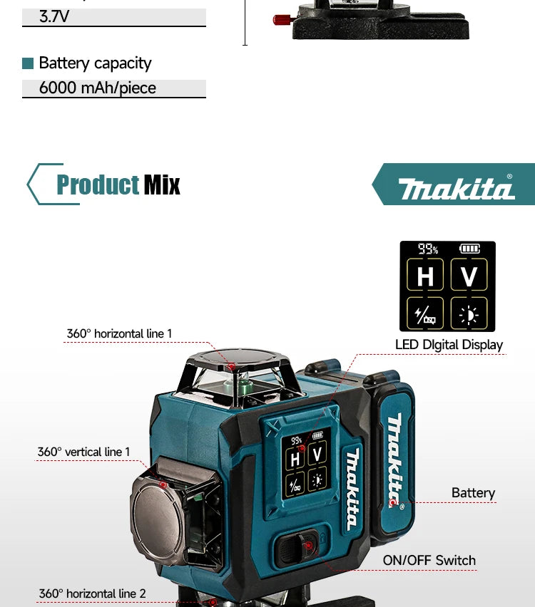 Makita 2025 Digital 360-Degree X4 16-Line Outdoor Laser Level Self-Levelling Vertical Cross-Line Tool for Precision Measurement