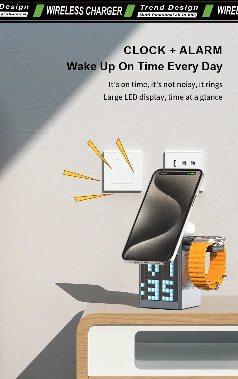 6 in 1 Magnetic Wireless Charger Stand Bluetooth Speaker Alarm Clock For Magsafe iPhone 16 15 14 Pro Max Airpods Pro Apple Watch