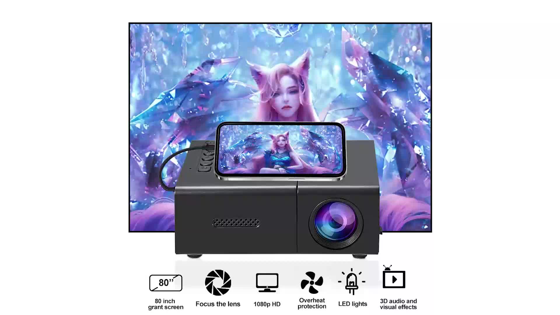 Mini LED Projector 1080P Full HD - Portable Home Cinema with Smartphone & Device Compatibility - Works with iOS, Android, Laptop, PS4, TV & USB Devices
