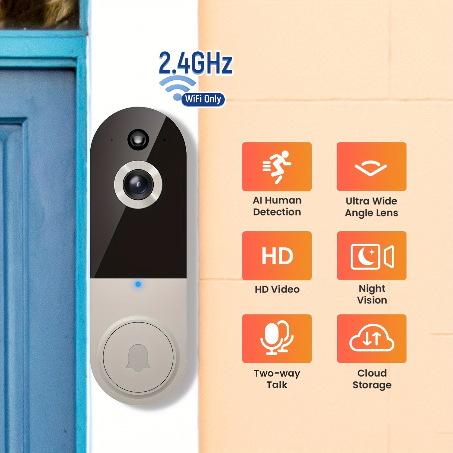 2K Wireless Video Doorbell Camera, AI Human Detection, Night Vision, Instant Alert, 2-Way Audio, 2.4G WiFi, Rechargeable Battery, Cloud Storage, Video Doorbell Camera Wireless (Without Receiver)