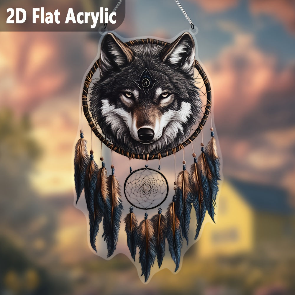 2D Flat, 2D Bohemian Gray Wolf Dreamcatcher Sun Catcher - Feathered 2D Acrylic Window Hanging, Suitable for Porch, Living Room & Holiday Gifts, No Power Needed, Boho Home Decor, Tranquil Animal-Themed Accent, Fine Craftsmansh