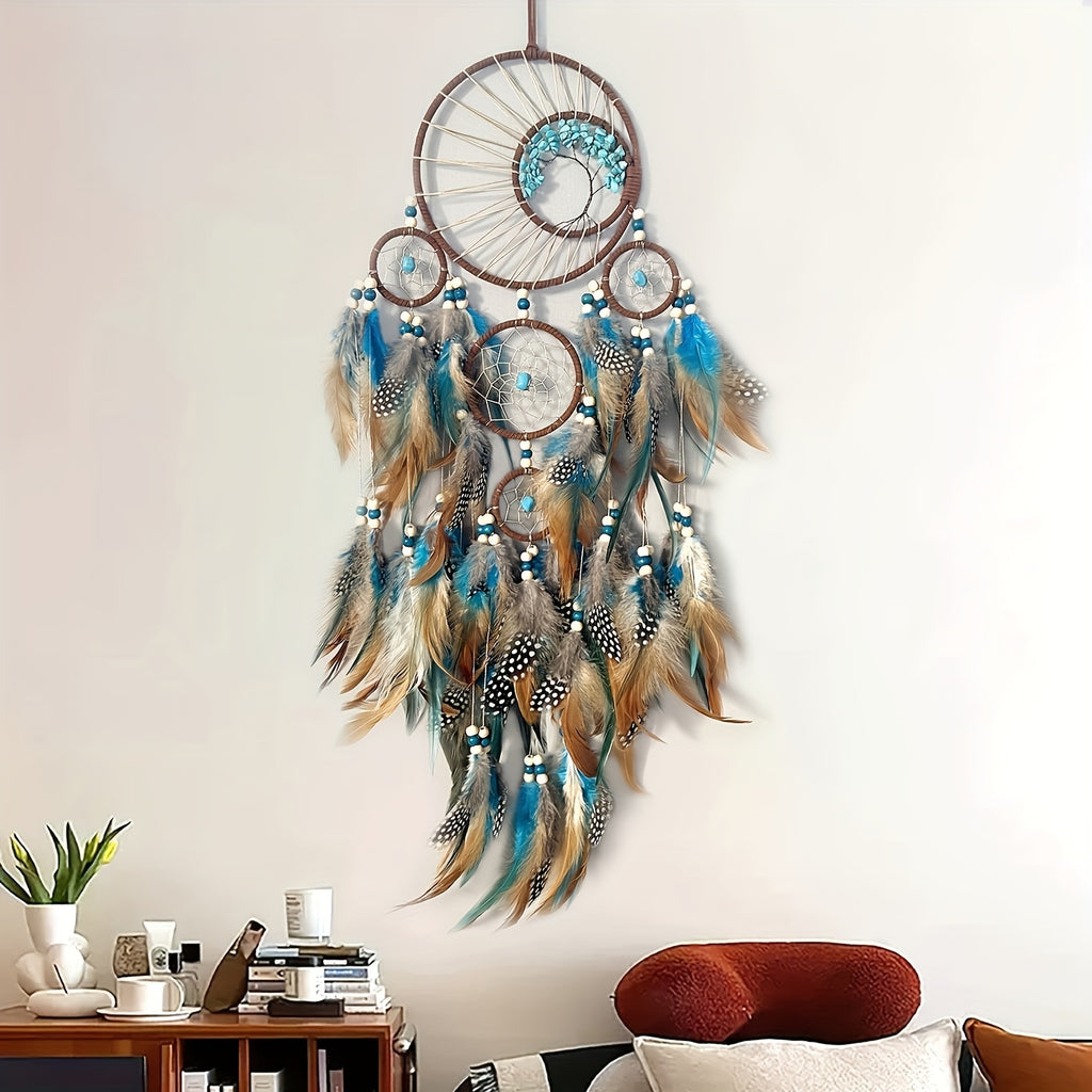 Handmade Feather Dream Catcher with Vibrant Blue, Green, and Brown Feathers – Tree of Life Wall Hanging Decor, Bohemian Style, Perfect for Christmas or Fairy Tale Themed Rooms, Feather Decor