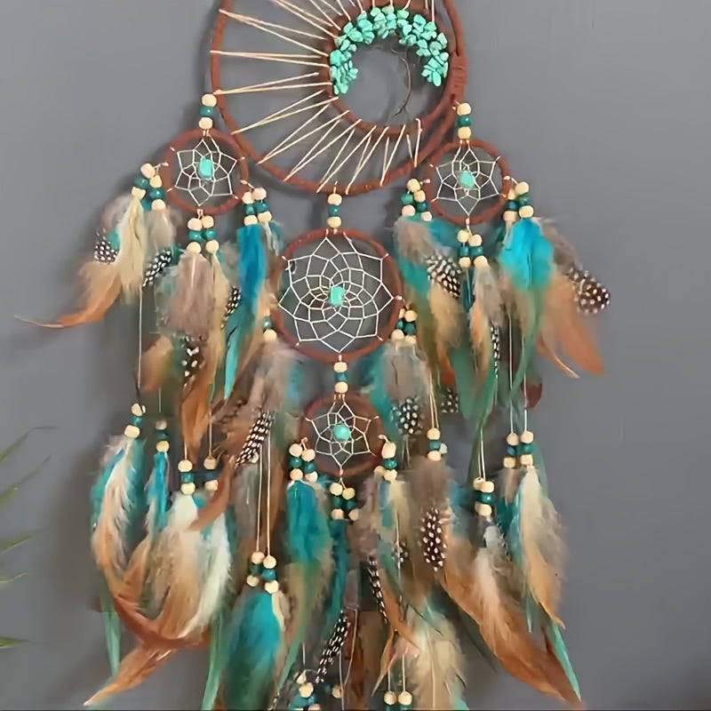 Handmade Feather Dream Catcher with Vibrant Blue, Green, and Brown Feathers – Tree of Life Wall Hanging Decor, Bohemian Style, Perfect for Christmas or Fairy Tale Themed Rooms, Feather Decor
