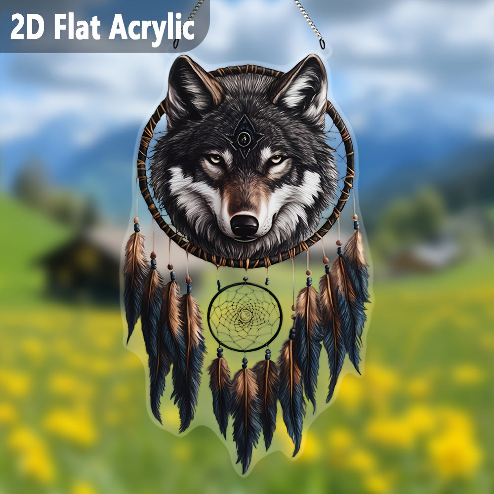 2D Flat, 2D Bohemian Gray Wolf Dreamcatcher Sun Catcher - Feathered 2D Acrylic Window Hanging, Suitable for Porch, Living Room & Holiday Gifts, No Power Needed, Boho Home Decor, Tranquil Animal-Themed Accent, Fine Craftsmansh