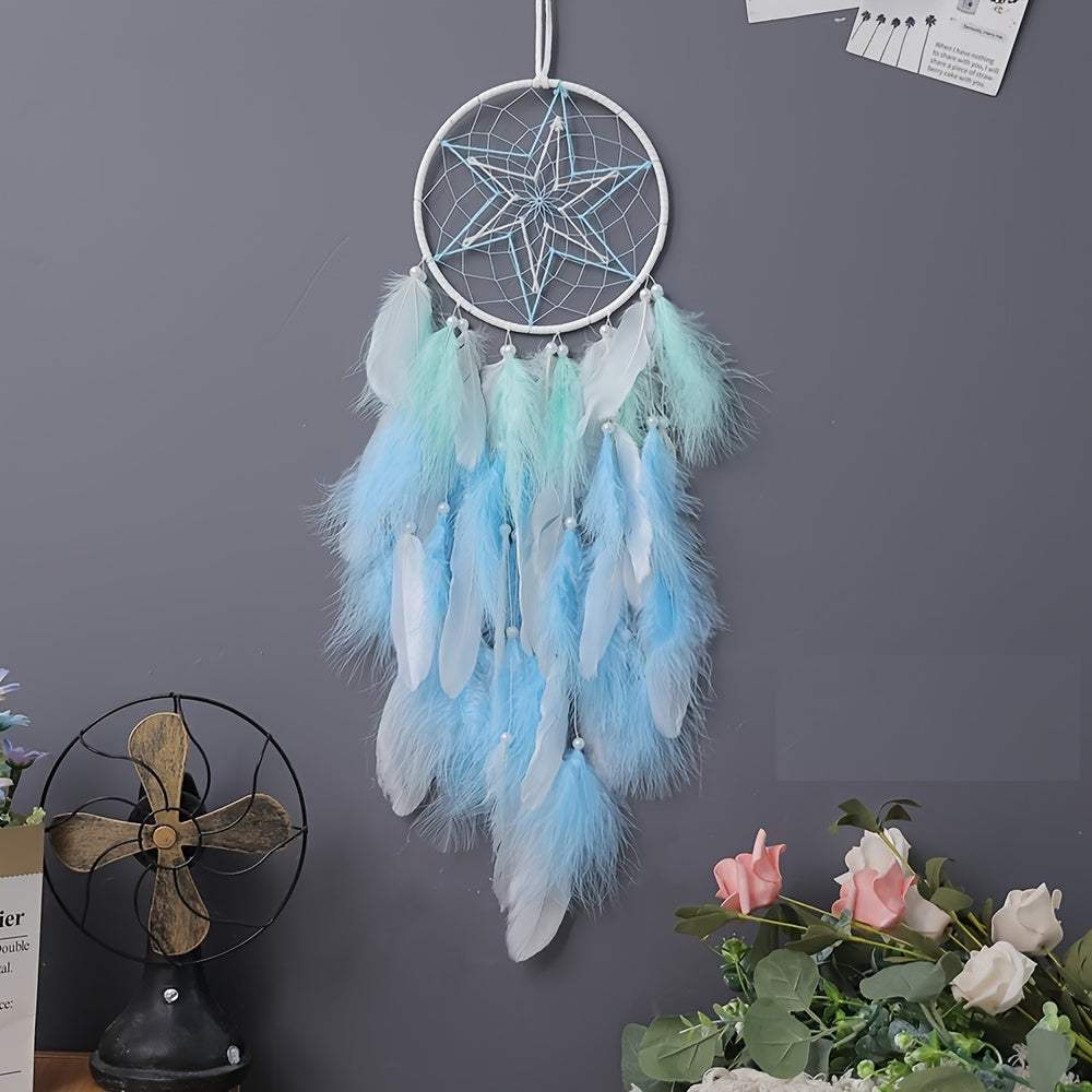 Handmade Feather Dream Catcher with Vibrant Blue, Green, and Brown Feathers – Tree of Life Wall Hanging Decor, Bohemian Style, Perfect for Christmas or Fairy Tale Themed Rooms, Feather Decor