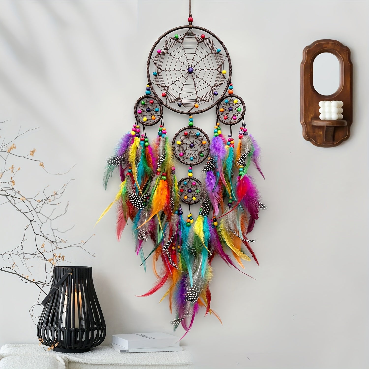 Handmade Dreamcatcher with Artificial Feathers, Guardian of Sweet Dreams, Night Companion, Bohemian Style Wall Hanging, Wind Chime Wall Decor, Essential Bedroom Decoration, Home Pendant Ornament