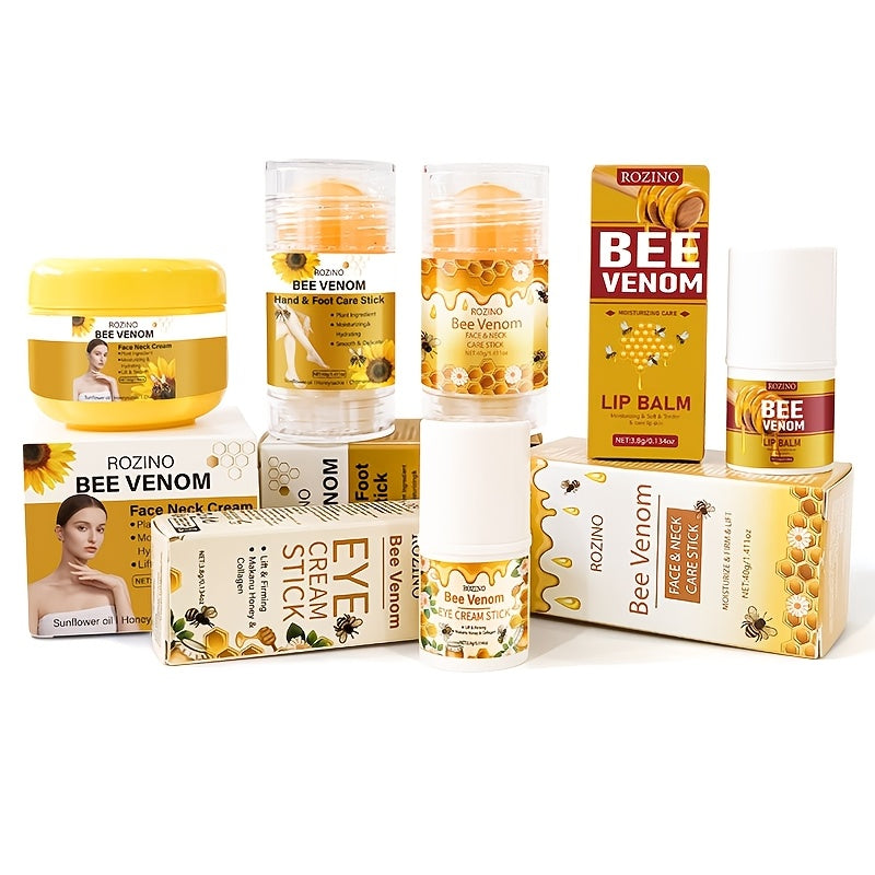 5pcs Bee Venom Care Combination, used for various purposes such as lip, face, neck, hands, feet, and body care. It is moisturizing, comprehensive, lightweight, non greasy, quickly absorbed, gentle and non irritating, portable