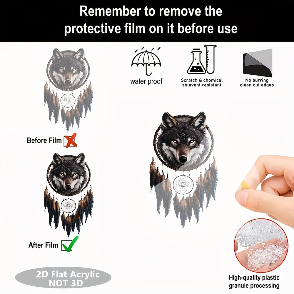 2D Flat, 2D Bohemian Gray Wolf Dreamcatcher Sun Catcher - Feathered 2D Acrylic Window Hanging, Suitable for Porch, Living Room & Holiday Gifts, No Power Needed, Boho Home Decor, Tranquil Animal-Themed Accent, Fine Craftsmansh