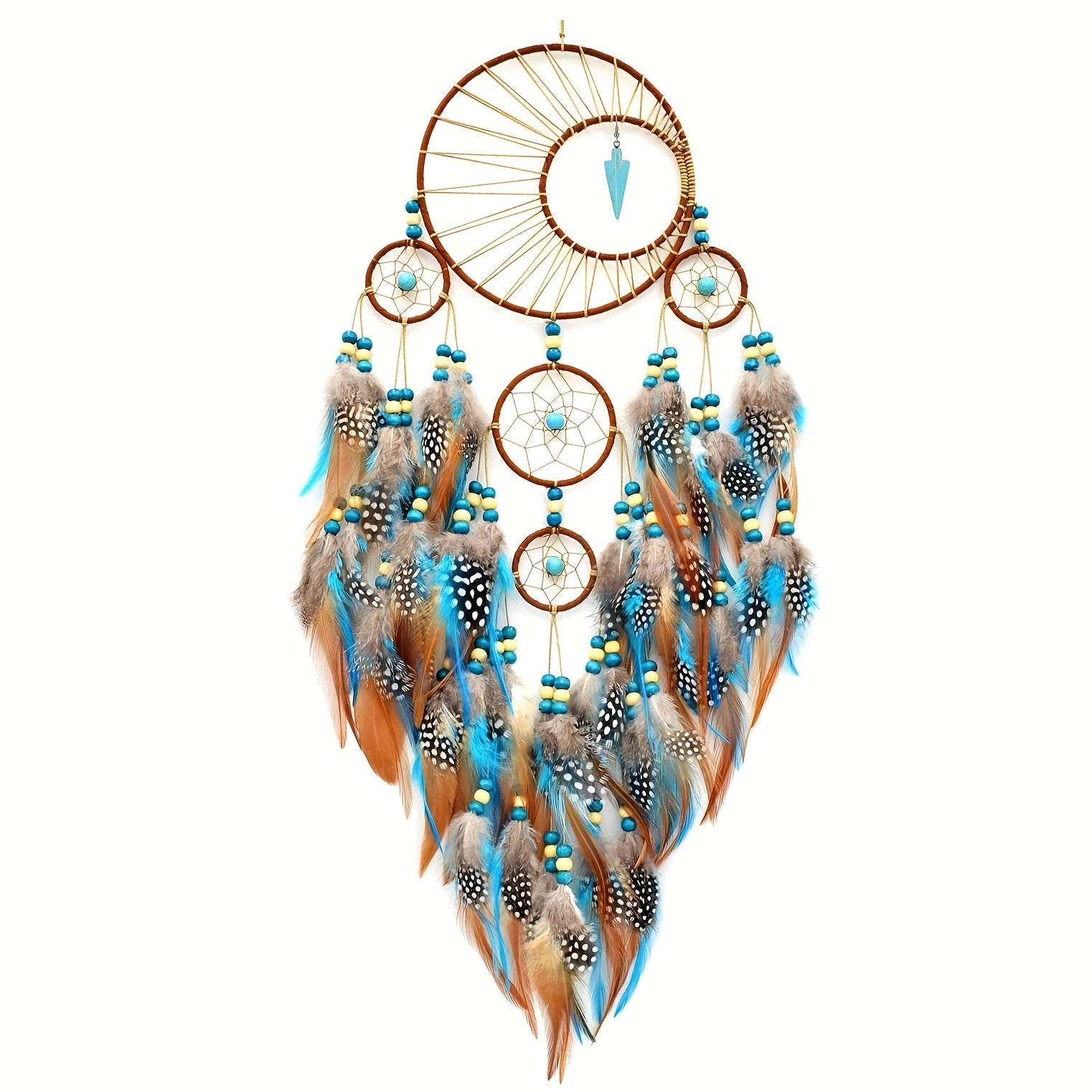 Handmade Feather Dream Catcher with Vibrant Blue, Green, and Brown Feathers – Tree of Life Wall Hanging Decor, Bohemian Style, Perfect for Christmas or Fairy Tale Themed Rooms, Feather Decor