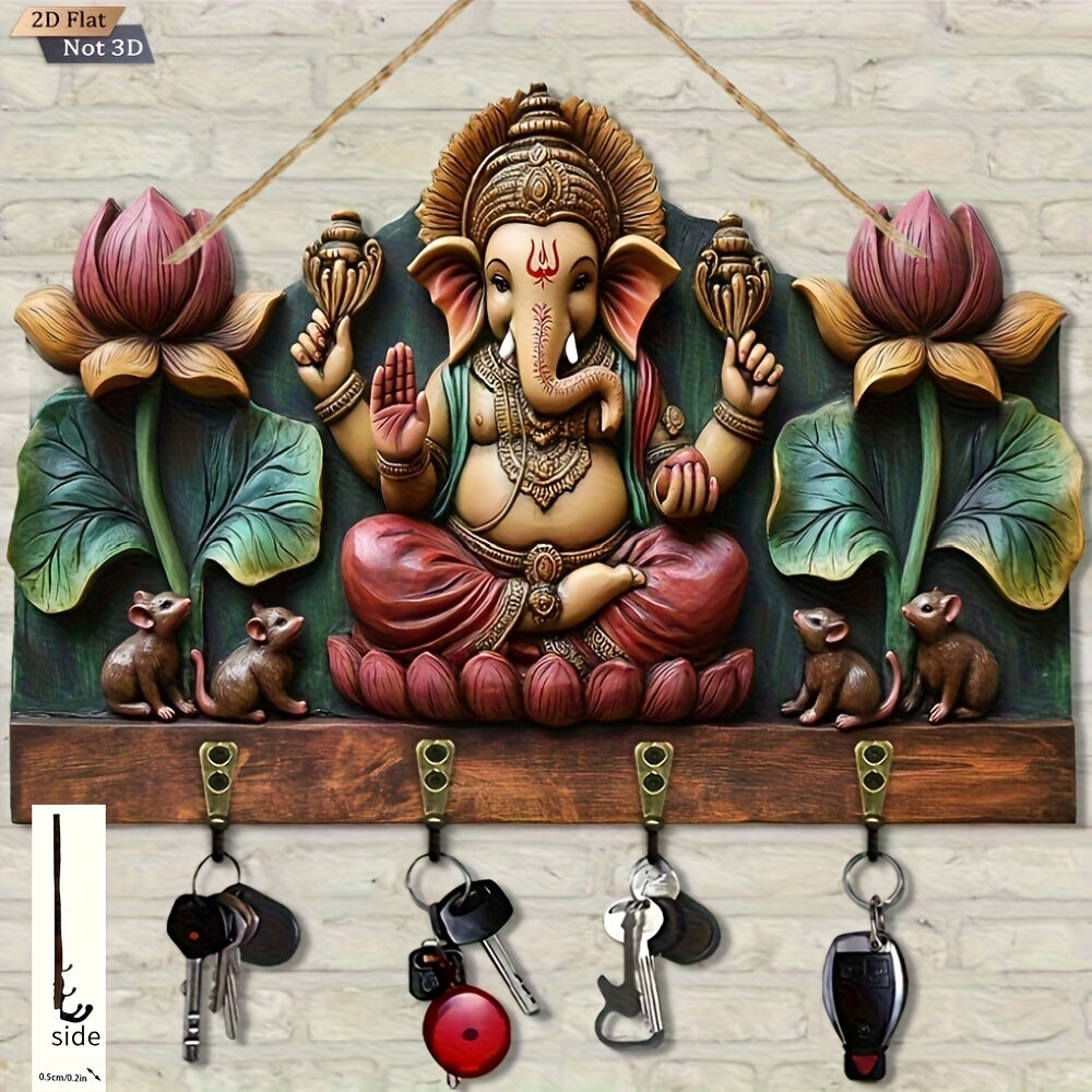 2D Flat Wooden Multi-Functional Key Hanger with Four Metal Hooks, Suitable for All 4 Seasons, Wall Decoration, Porch Decoration, Room Decoration, Villa Decoration, Four Seasons Home Decor, Christmas Decoration