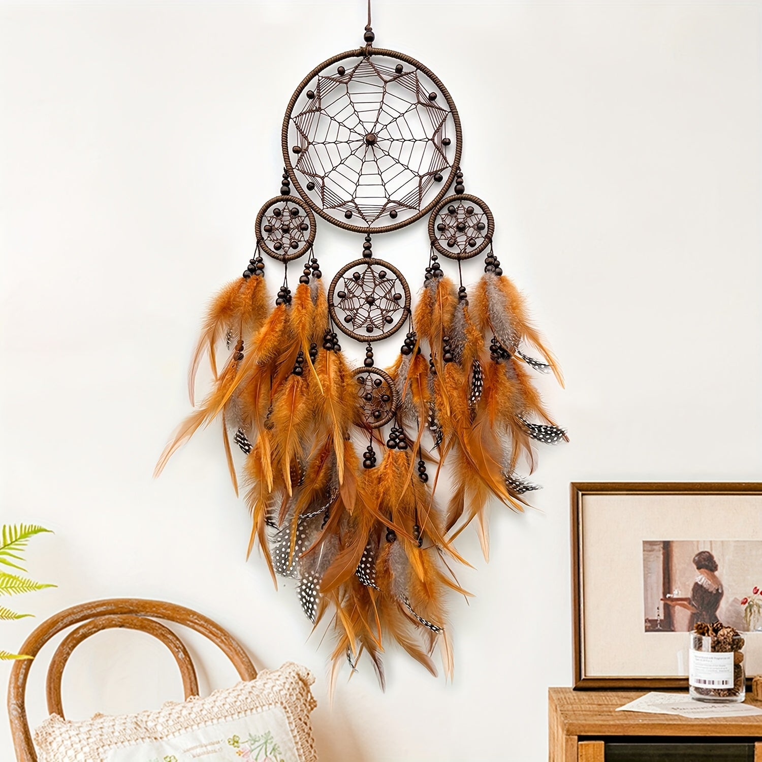 Handmade Dreamcatcher with Artificial Feathers, Guardian of Sweet Dreams, Night Companion, Bohemian Style Wall Hanging, Wind Chime Wall Decor, Essential Bedroom Decoration, Home Pendant Ornament