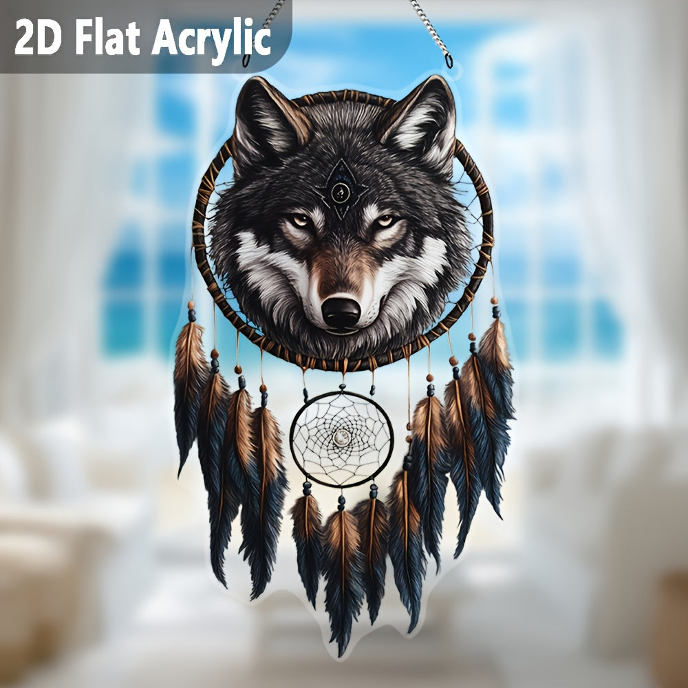 2D Flat, 2D Bohemian Gray Wolf Dreamcatcher Sun Catcher - Feathered 2D Acrylic Window Hanging, Suitable for Porch, Living Room & Holiday Gifts, No Power Needed, Boho Home Decor, Tranquil Animal-Themed Accent, Fine Craftsmansh
