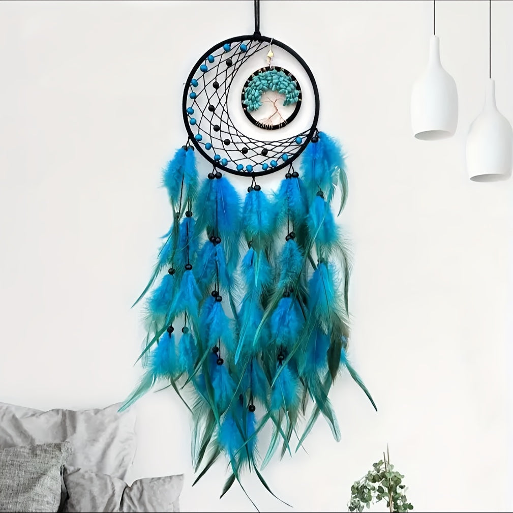 Handmade Feather Dream Catcher with Vibrant Blue, Green, and Brown Feathers – Tree of Life Wall Hanging Decor, Bohemian Style, Perfect for Christmas or Fairy Tale Themed Rooms, Feather Decor