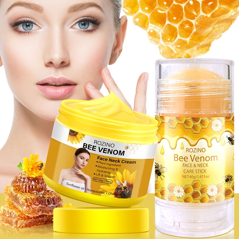 5pcs Bee Venom Care Combination, used for various purposes such as lip, face, neck, hands, feet, and body care. It is moisturizing, comprehensive, lightweight, non greasy, quickly absorbed, gentle and non irritating, portable